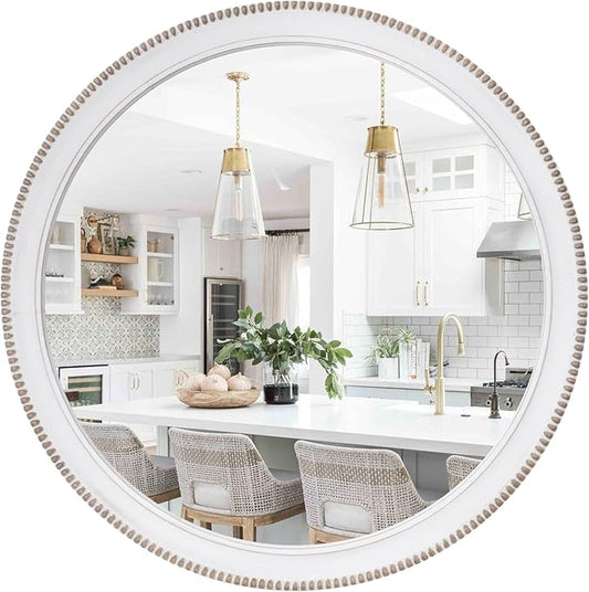 sawsile Wood Circle Mirror,Rustic Farmhouse Wall Mirror 32 inch Round Morden Decoration Wood Large Mirror White Accent Mirror for Bedroom,Living Room