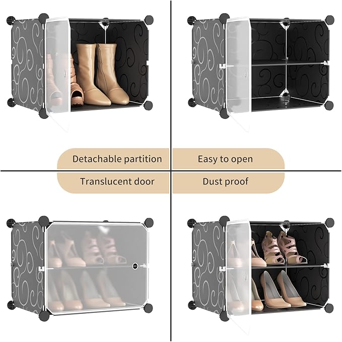 Portable Shoe Rack with Door, 64 Pairs Cabinet Easy Assembly, Plastic Adjustable Shoe Storage Organizer Stackable Detachable Free Standing DIY Expandable 8 Tier Black