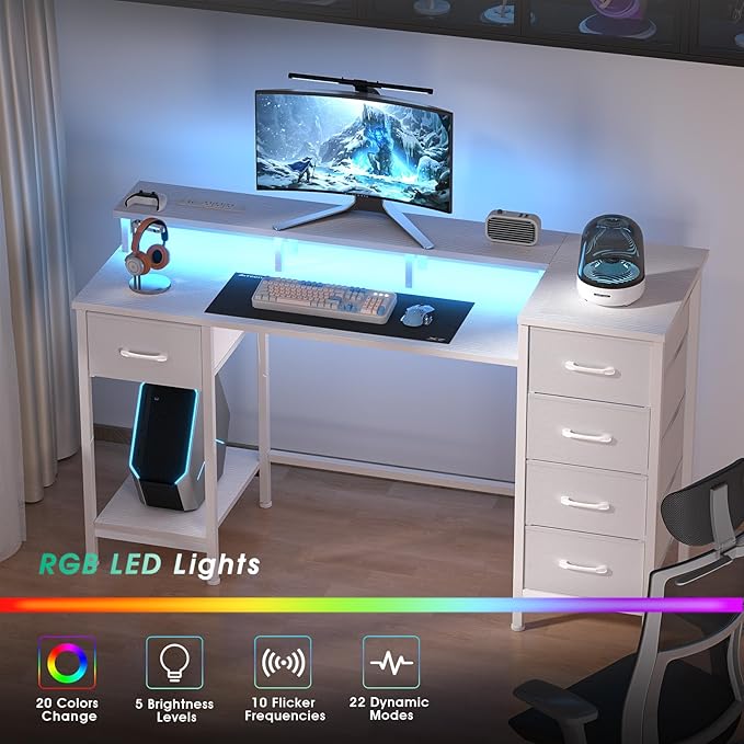 47 Inch Computer Gaming Desk with Power Outlets LED Lights Reversible Home Office with Adjustable Fabric Storage Drawers for Working Writing Study, White