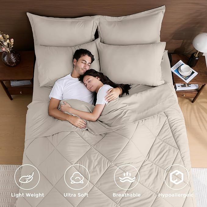 HEVUMYI Beige Tan King Comforter Set - 7-Piece All Season Bed in a Bag King, Ultra Soft Bedding Set with Comforter, Flat Sheet, Fitted Sheet, Pillowcases, Pillow Shams, Beige Tan