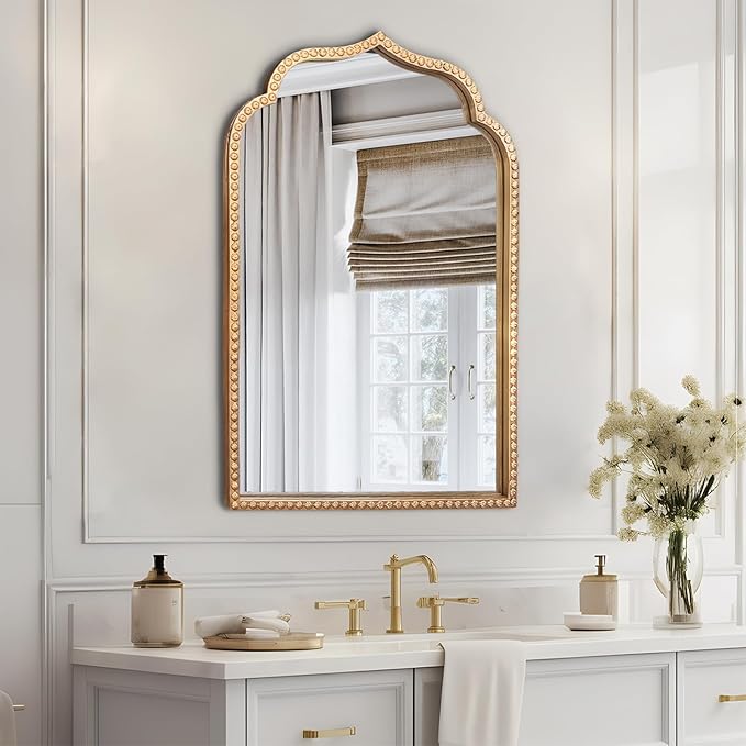 Gold Arch Mirror, 24"x36" Arched Vanity Mirrors for Bathroom, Metal Beaded Frame Ornate Decorative Mirror, Scalloped Vintage Mirrors for Fireplace Bedroom Living Room Hallway Entryway