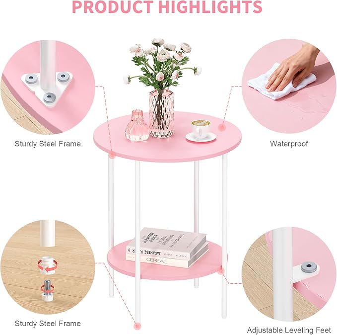 Side Table,Round End Table with 2 Storage Shelves| Compact Side Tables for Living Room, Couch, Office & Bedroom | Narrow Accent Table as Space-Saving Small Bedside Table 18x18x22in (Pink)