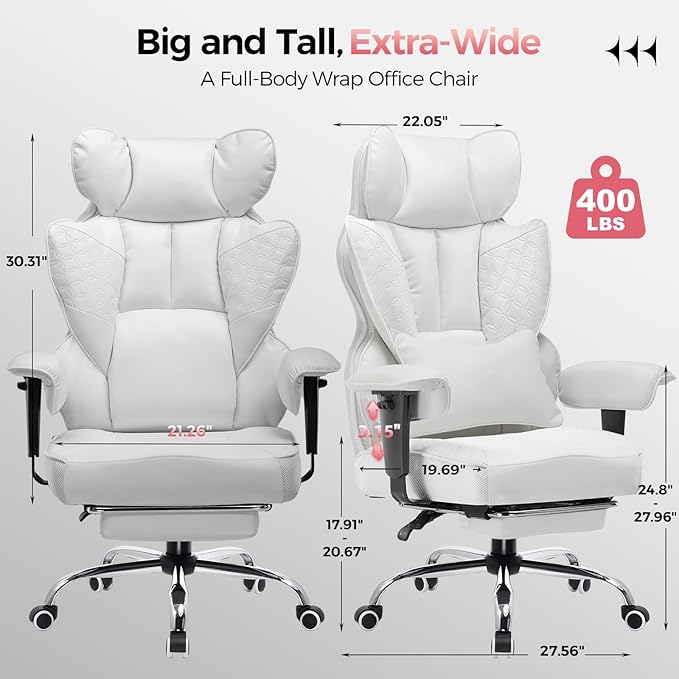 GTRACING Big and Tall Gaming Chair 400lbs Heavy Duty Office Chair with Foot Rest & Ergonomic Pocket Spring Lumbar Support, High Back 3D Saddle Shaped Cushion for Back Pain Relief, White