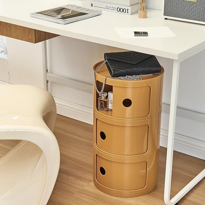 Round Nightstand with 3 Drawers, Modern Style Side Table, Multifunctional End Table Storage Cabinet for Living Room, Bedroom, Bathroom (Orange)