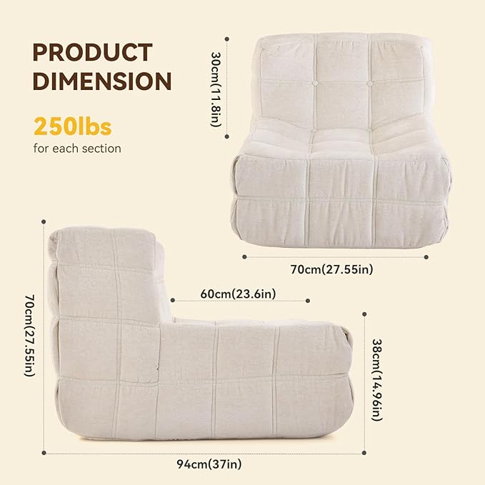 Bean Bag Chair, Soft Chenille Pre-Filled Lazy Chair Floor Sofa Bean Bag Chair for Adults and Teens, Accent Chair for Living Room Bedroom Apartment (Ivory)