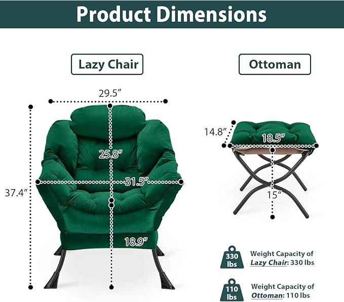 Lazy Chair with Folding Ottoman, Accent Chair Velvet Upholstered with Metal Structure and Non-Slip Pads, Sofa Armchair with Footrest and Side Storage Bag for Dorm, Room, Office, Green