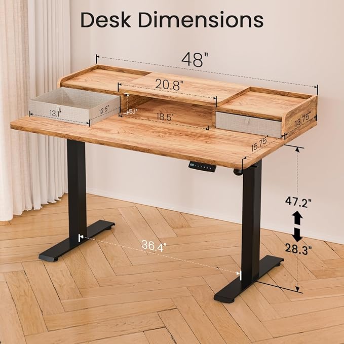 48x30 Inch Electric Standing Desk with Drawers & Widen Desktop, Thickened Desk Frame, Adjustable Height Sit Stand Up Table, Home Office Computer Desk with Cable Management, Light Rustic