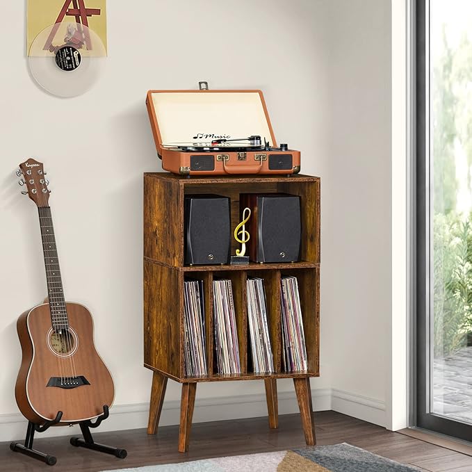 Lerliuo Record Player Stand, Brown Turntable Stand Holds up to 160 Albums, Mid-Century Vinyl Storage Cabinet Table with Solid Wood Legs, Record Player Holder Dispaly Shelf for Bedroom Living Room