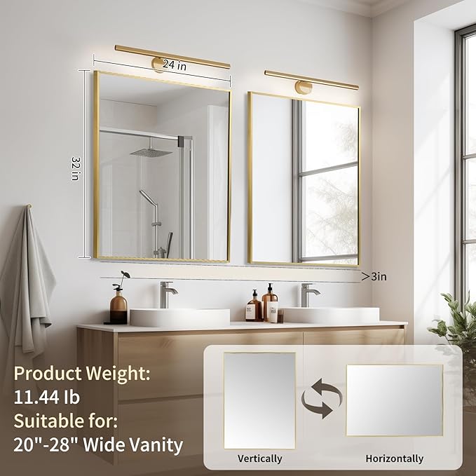 Brushed Gold Mirror, 24x32 Inch Aluminum Framed Rectangle Mirror, Anti-Rust, Tempered Glass, Square Corner Wall Mirror for Over Sink, Vanity, Bedroom, Entryway, Horizontal/Vertical
