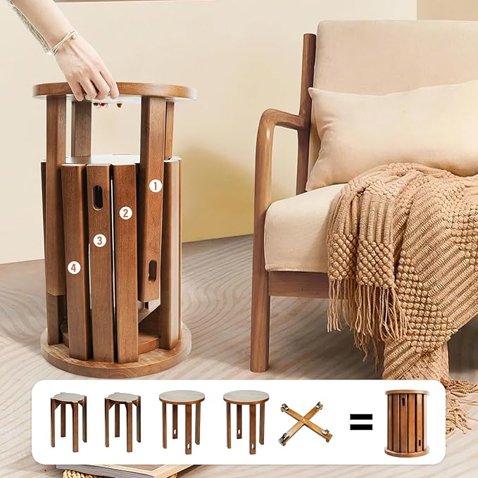 CozyDH 4-in-1 Nesting Side Tables, Stackable Stools Set of 4, Wooden Round End Table with Wheels, Small Coffee Table Nightstand for Bedroom Living Room, Walnut