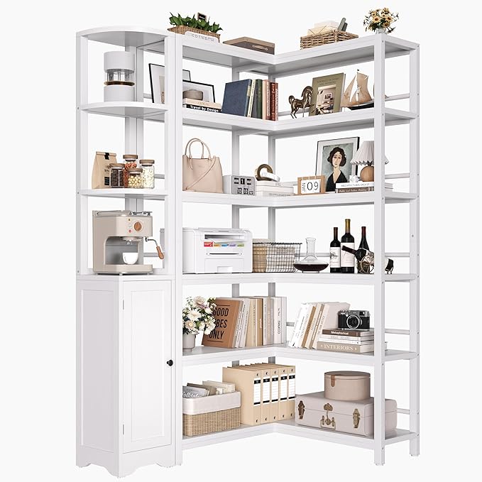 Keyluv 72" Tall Corner Bookshelf with Door, 6-Tier L Shaped Bookshelves and Bookcase with Storage Cabinet, 2 Pieces Individual Convertible Book Shelf, Display Shelf for Home Office Living Room, White