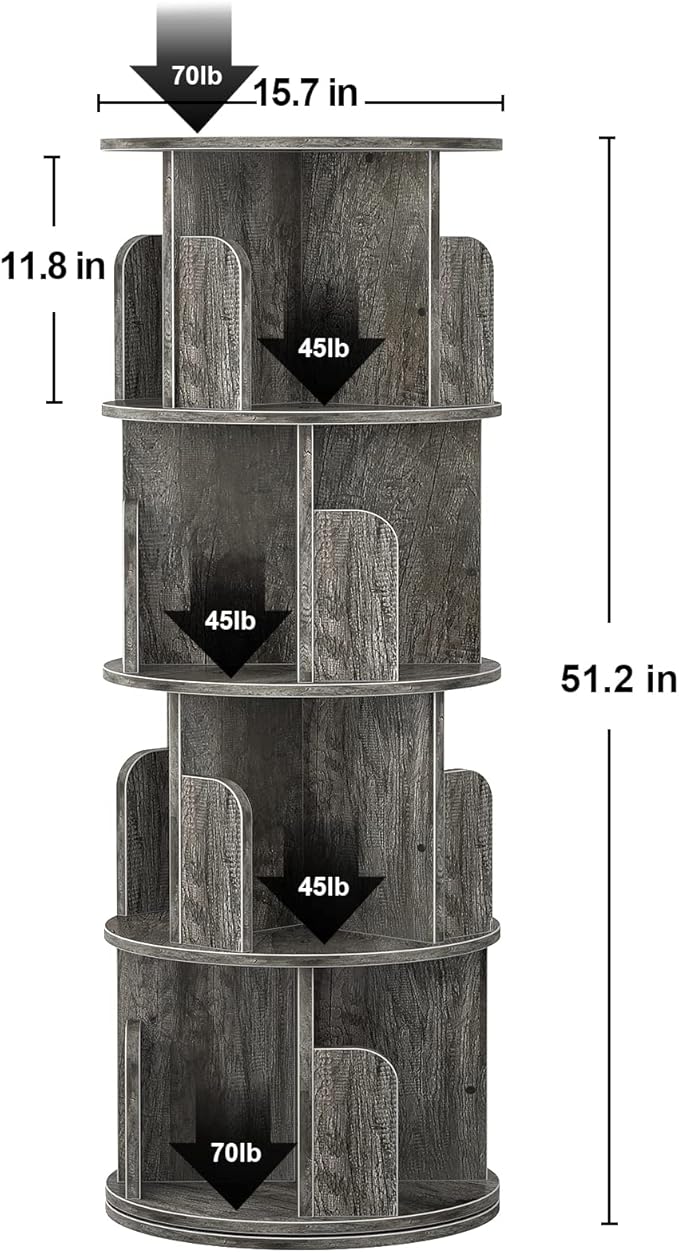 Aheaplus Rotating Bookshelf, 360 Display Corner Bookshelf for Small Space, 4 Tier Floor Standing Bookcase Storage Rack, Wood Narrow Book Shelf Organizer for Bedroom, Living Room, Study Room, Grey Oak