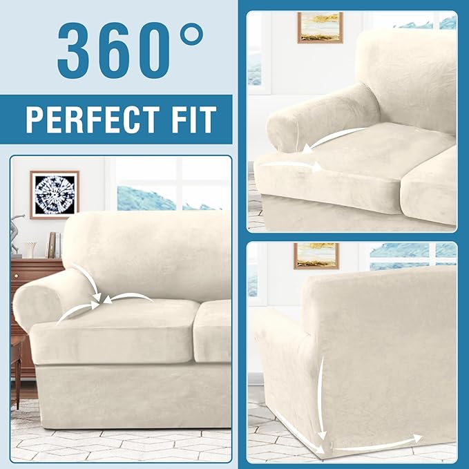 H.VERSAILTEX Sofa Cover 4 Piece T Cushion Sofa Slipcovers Couch Cover Furniture Protector Stretch T Cushion Sofa Covers for 3 Cushion Couch with 3 Individual T Cushion Covers, Ivory