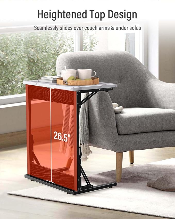 Tatub 24" Folding TV Tray Table, Marble C Shaped End Table for Couch, Small Sofa-Side Laptop Desk with Black Metal Frame for Living Room, Bedroom, Bedside