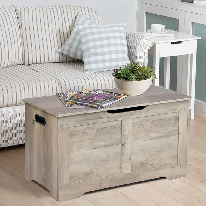 31.5" Storage Chest, Wooden Storage Bench, Lift Top Toy Chest with 2 Safety Hinges, Large Toy Box, Entryway Shoes Bench for Living Room, Bedroom, Grey
