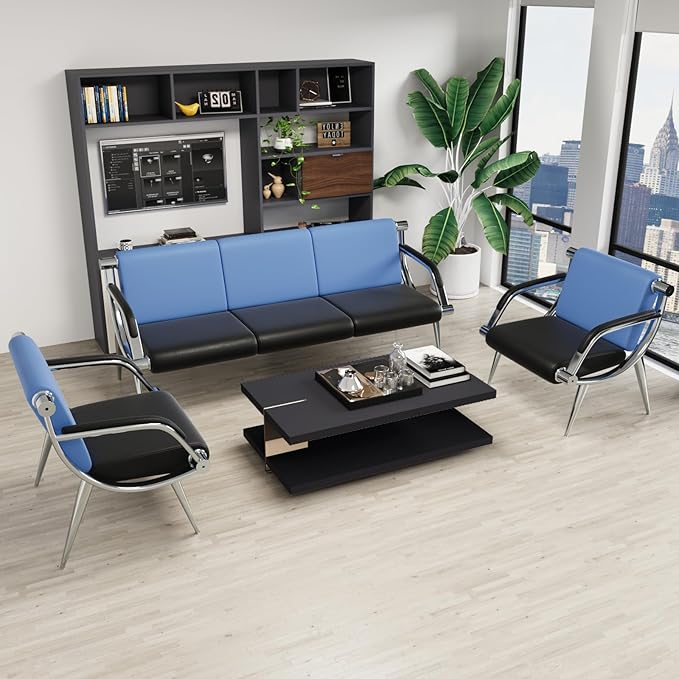 wonline 5 Seat Waiting Room Chair with Armrest PU Leather Office Furniture, Office Guest Seating Lobby Conference Reception Chairs for Airport Clinic Hospital Bank Salon Barber(Blue&Black)