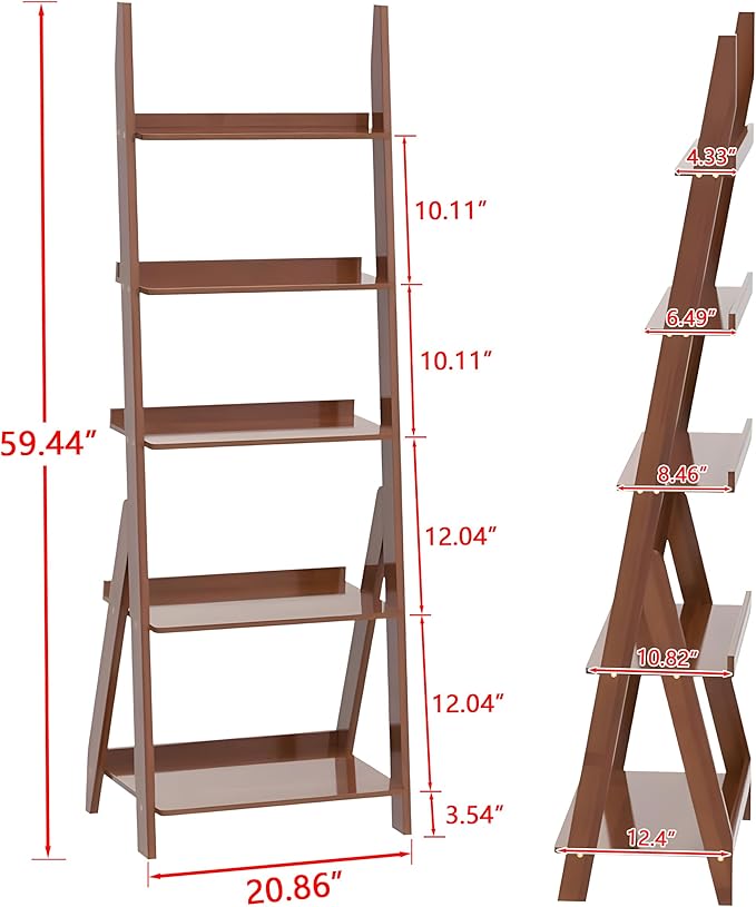 Maydear Bamboo Ladder Shelf Bookcase, 5-Tier Leaning Bookshelf Free Standing Organizer Storage Shelves for Living Room, Bedroom, Kitchen, Home Office, Balcony, Walnut