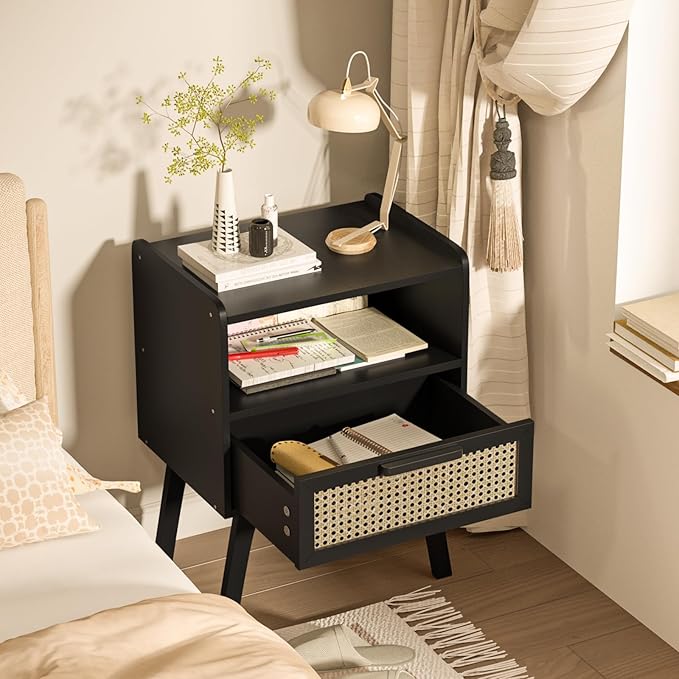 Lerliuo Rattan Nightstand, Bedside Table with Drawer Open Shelf, Cane Accent Side End Table with Solid Wood Legs, Black Mid Century Night Stand for Bedroom, Dorm and Small Spaces