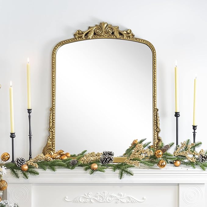 Antiqued Gold Ornate Mirror Arched Mantel Wall Mirror Baroque Inspired Bathroom Vanity Rectangle Wall Mounted Mirror, 30 x 34''