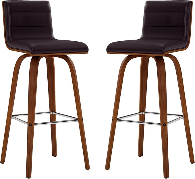 Vienna 30" Swivel Bar Stool in Walnut Wood Finish with Brown Faux Leather - Set of 2