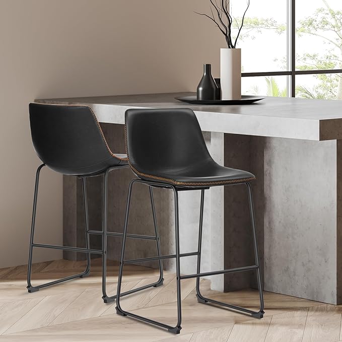 DUMOS 26 Inch Counter Height Bar Stools Set of 4, Modern Faux Leather High Barstools with Back and Metal Leg, Bar Chairs for Kitchen lsland, Black