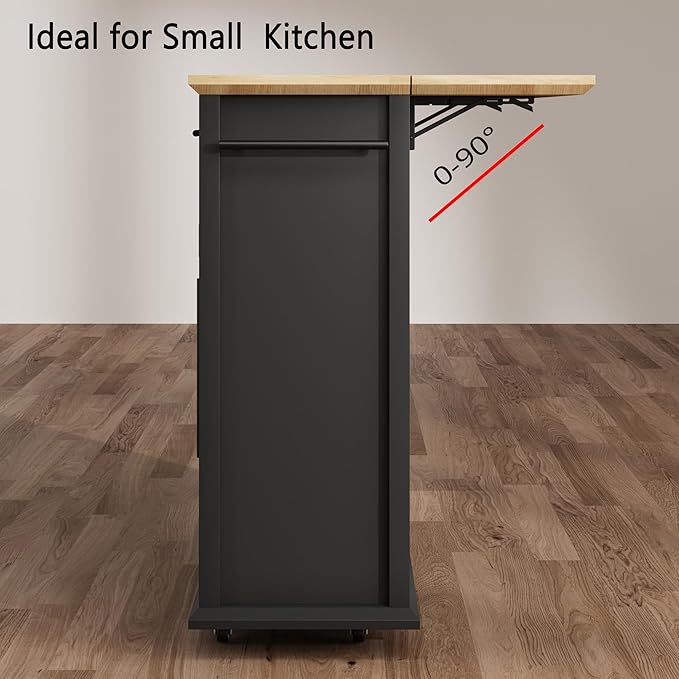 Mobile Modern Storage Island,Rolling Kitchen Island with Drop Leaf - Door Cabinet, Drawer, Bar Cart with Cabinet, Portable Cart Island Table for Kitchen, Black