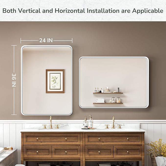 TokeShimi 24x36 Inch White Bathroom Mirror for Wall Vanity Mirror with Non-Rusting Aluminum Alloy Metal Frame Rounded Corner for Modern Farmhouse Home Decor (Horizontal/Vertical)