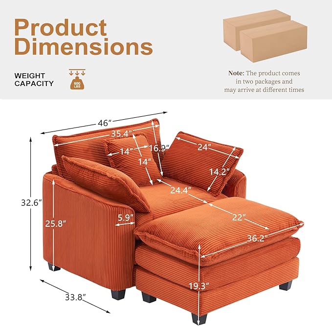 Furniliving Oversized Accent Chair with Ottoman, Luxury Corduroy Single Sofa, Upholstered Deep Seat Chaise Lounge with Pillows for Living Room, Bedroom, Apartment, Orange