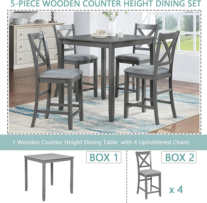 KEIKI 5-Piece Counter Height Dining Table Set with Square Table and 4 Upholstered X-Shaped Backrset Chair, for 4 Person, Modern Style Wooden Table Set, Easy Assembly, for Kitchen, Dining Room, Gray