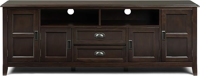 SIMPLIHOME Burlington SOLID WOOD 72 inch Wide Transitional TV Media Stand in Mahogany Brown For TVs up to 80 inches for the Living Room and Entertainment Center