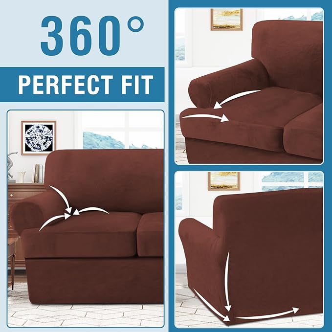 H.VERSAILTEX Sofa Cover 2 Piece T Cushion Armchair Slipcovers Thick Velvet Couch Cover Stretch T Cushion Sofa Covers for 1 Cushion Couch with 1 Individual T Cushion Covers, Burnt Brick