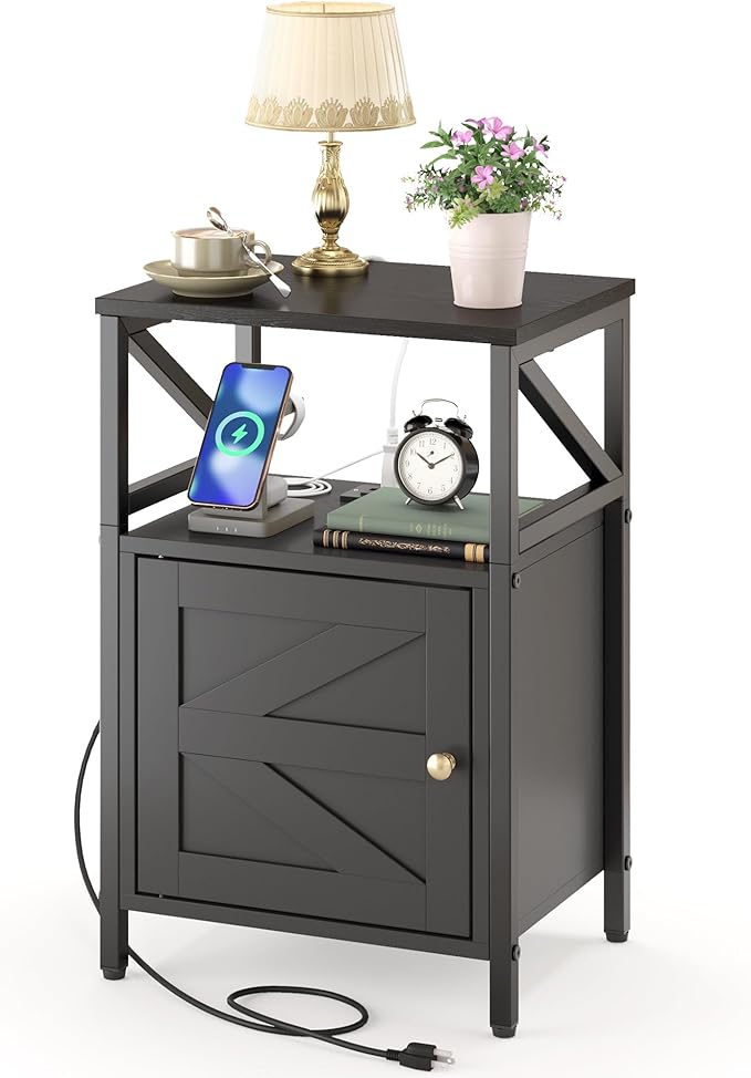 Farmhouse Side Table with Charging Station -3-Tier USB Ports & Outlets End Table, Compact Bedside Storage Table for Small Spaces, Multi-Functional Accent Table for Living Room, Couch Entryway Black