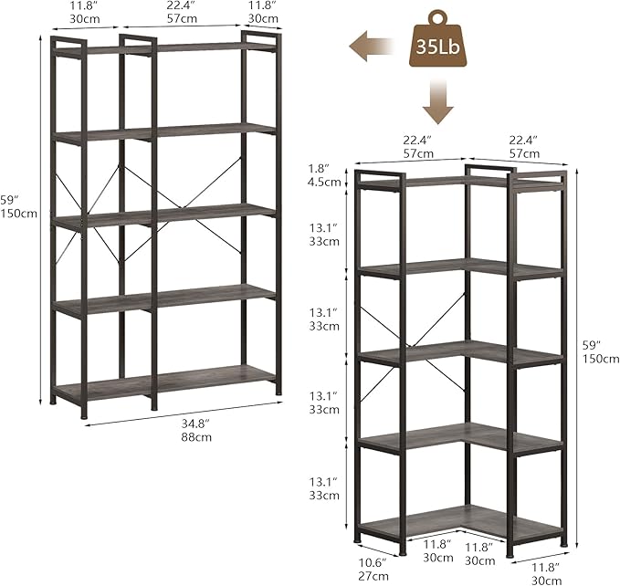 Tohomeor Bookshelf 5 Tier Deformable Corner Bookcase Free Standing Modern Industrial Book Storage Display Book Shelf for Bedroom Living Room Study Room Office (Dark Grey)