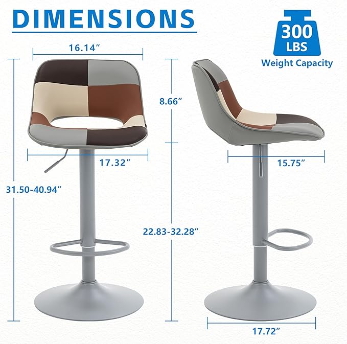 YOUNIKE Bar Stools Set of 2, Boho Colorful Patchwork Faux Leather Barstools, Adjustable Swivel Counter Height Bar Stool Upholstered Counter Stools with Hollow Back for Kitchen Island, GreyBeige