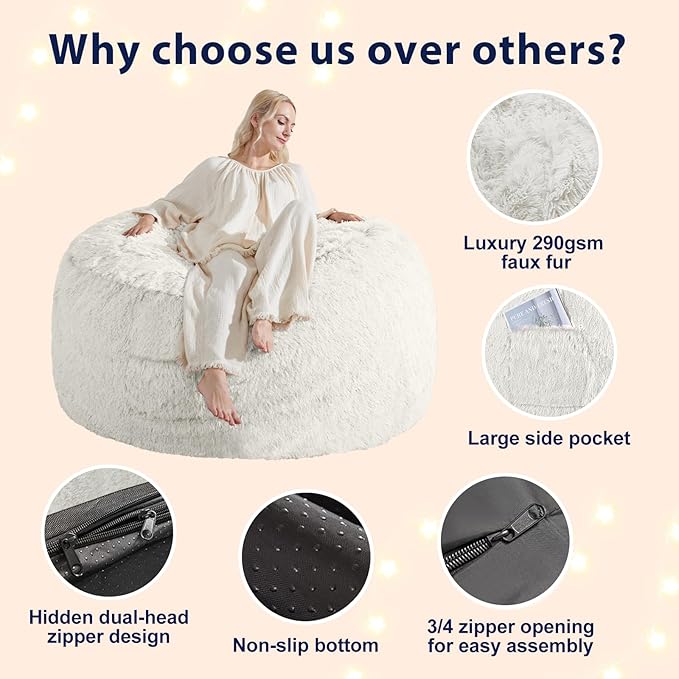 Stuffed Animal Storage Bean Bag (Cover Only), Adult Bean Bag Chair Covers Machine Washable, 5FT White Bean Bag Chair Without Filler Included