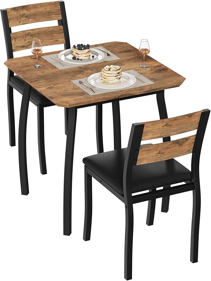 GAOMON Dining Table Set for 2, 3 Piece Small Kitchen Table and 2 Upholstered Chairs with Metal Frame & Wood Grain Tabletop for Small Space, Apartment, Kitchen, Dining Room, Black/Rustic