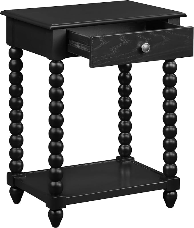 OSP Home Furnishings Elise Cottage Style Table with Spindle Legs, Open Storage Shelf, Side Table, Black Finish