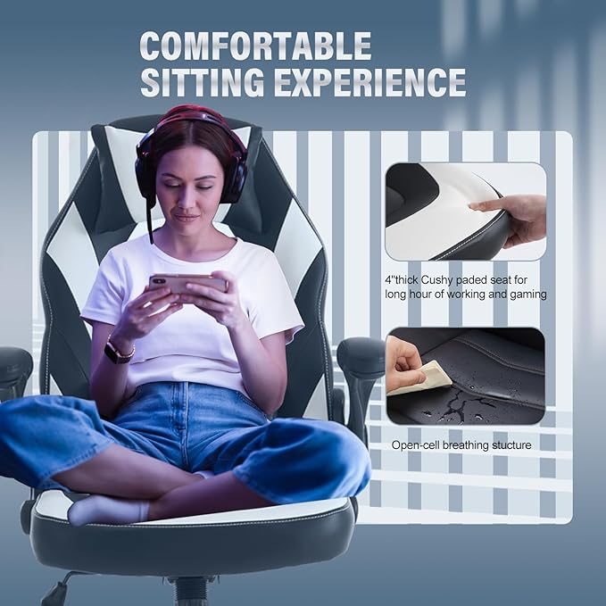 OLIXIS Computer Gaming Desk Chair - Ergonomic Video Game with Comfy Lumbar Support and headrest, PU Leather with Flip-up Arms, Adjustable Height and Swivel Wheels, for Adults, Black