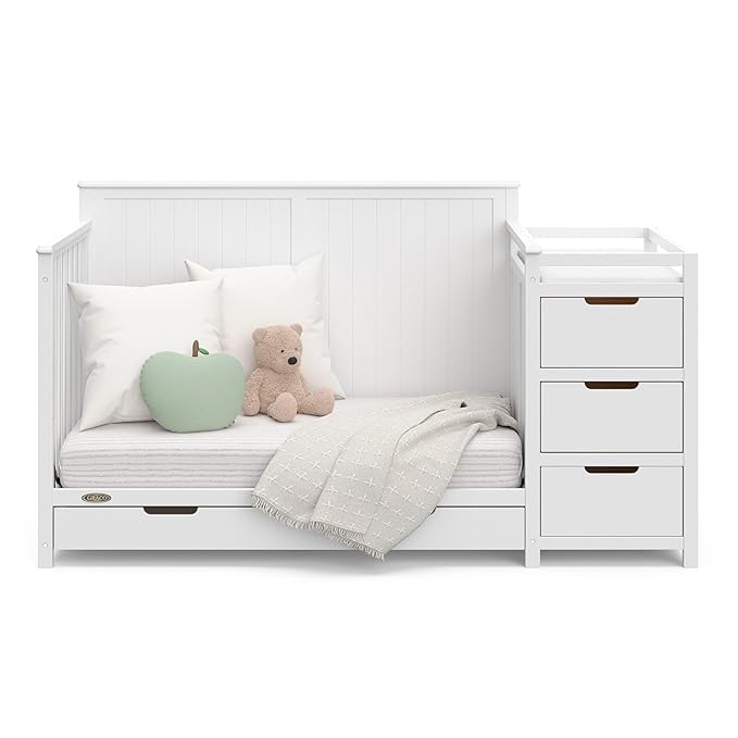 Graco Hadley All-in-One Convertible Crib & Changer (White) – GREENGUARD Gold Certified, Fits Standard Crib Mattress, Converts to Toddler Bed and Full Bed, 4 Adjustable Mattress Heights