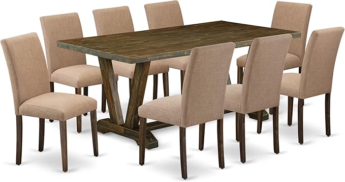 East West Furniture V777AB747-9 9 Piece Dining Room Table Set Includes a Rectangle Kitchen Table with V-Legs and 8 Light Sable Linen Fabric Parsons Dining Chairs, 40x72 Inch, Multi-Color