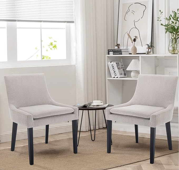 COLAMY Modern Dining Chairs Set of 4, Upholstered Corduroy Accent Side Leisure Chairs with Mid Back and Wood Legs for Living Room/Dining Room-Beige