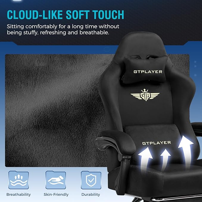 GTPLAYER Gaming Chair Fabric with Pocket Spring Cushion, High Back Ergonomic Computer Chair with Footrest for Adults Lumbar Support Swivel Game Chair for Office Gaming 350LBS, Black