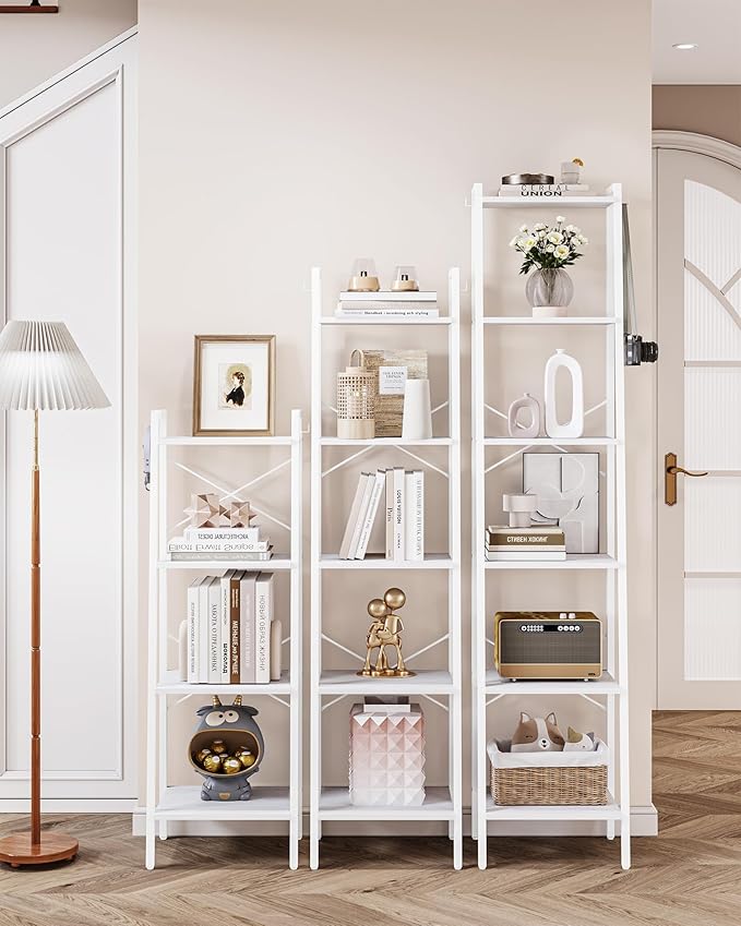 Ladder Shelf, Bookshelf Bookcase, Freestanding Corner Storage Shelve with 2 Hooks for Home Office, Living Room, Kitchen, Bedroom, Industrial, 5-Tier White BC03213W