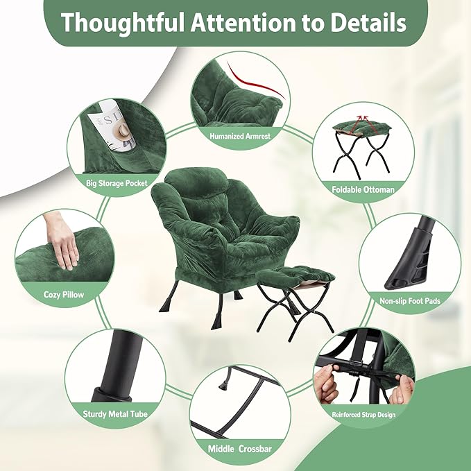 Lazy Chair with Folding Ottoman, Accent Chair Plush Upholstered with Metal Structure and Non-Slip Pads, Sofa Armchair with Footrest and Side Storage Bag for Dorm, Room, Office, Green