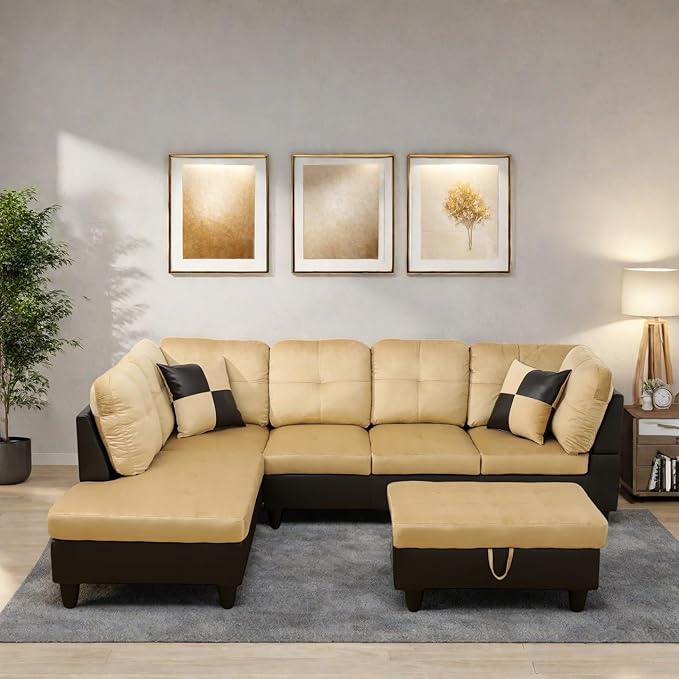 Modern Living Room Furniture Sets with Pillows, Modular Sectional Couches with Chaise Lounge, 4-Seaters L Shape Sofa with Storage Ottoman, for Living Room, Beige and Brown