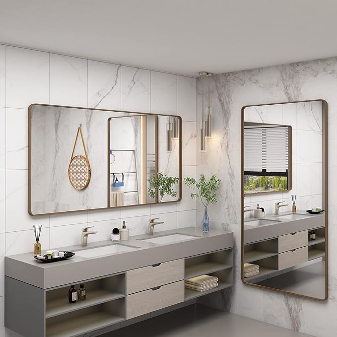 72x36 Inch Gold Bathroom Mirror for Wall, Large Brushed Gold Framed Mirror, Large Rectangle Vanity Mirror, Rounded Corner, Shatterproof, Anti-Rust (Horizontal/Vertical)