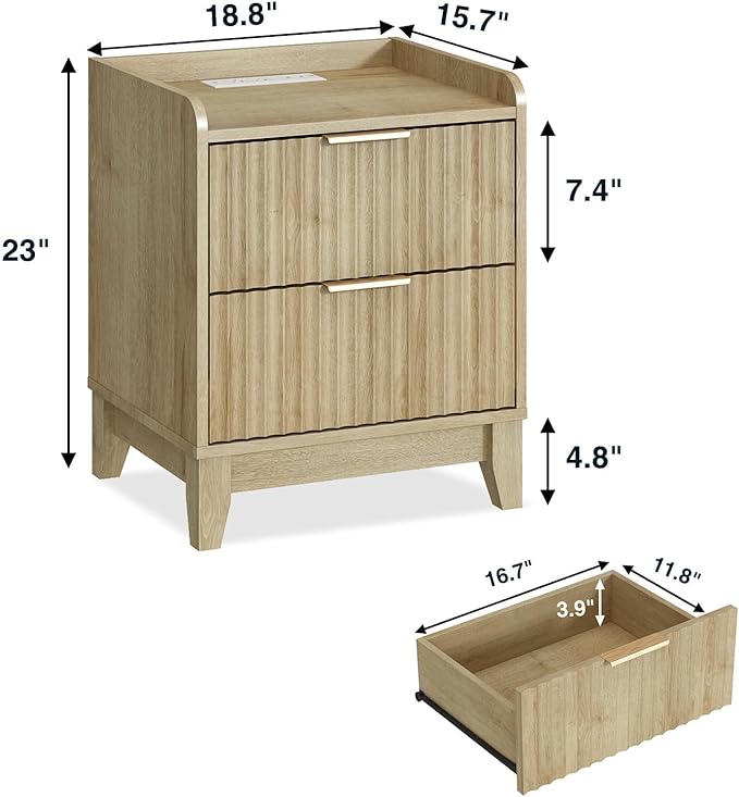 Wnutrees Fluted Nightstand with Charging Station, Modern Bedside Table with 2 Drawers, Farmhouse Wooden End Side Table for Living Room, Natural