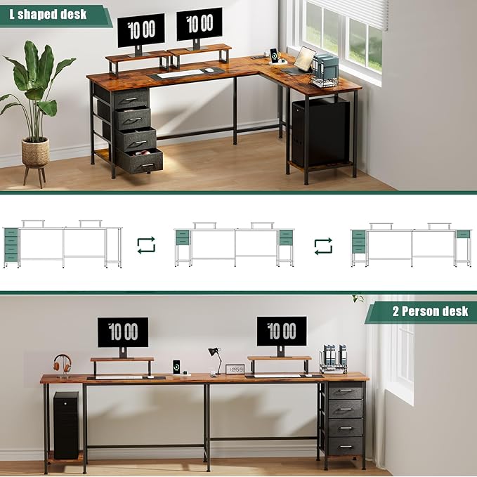 66" L Shaped Computer Desk with Power Outlets, Home Office Desk with 4 Adjustable Storage Drawers & 2 Monitor Stands, Large Two Person Gaming Table for Writing Study, Rustic Brown