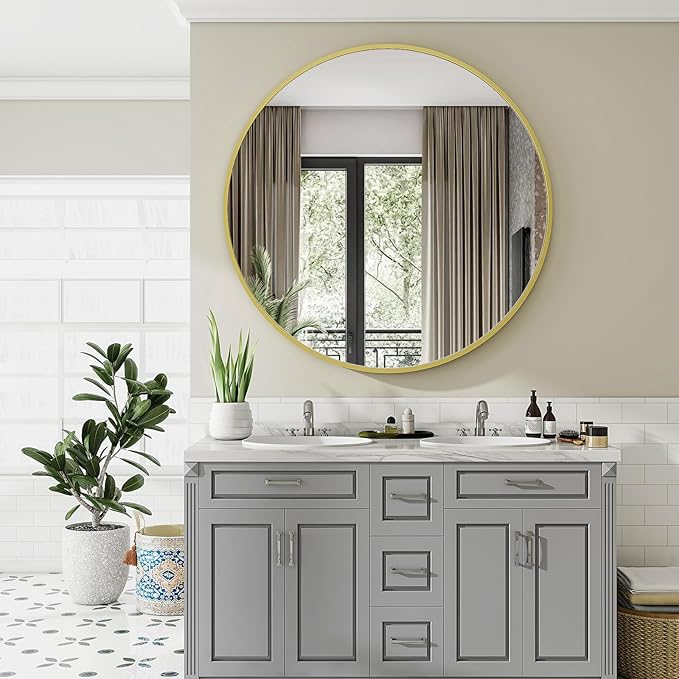 Gold Round Bathroom Mirror, 48 inch Large Circle Wall Mounted Hanging Mirror with Simple Modern Circular Metal Frame for Hallway, Entryway, Living Room, Gold Frame