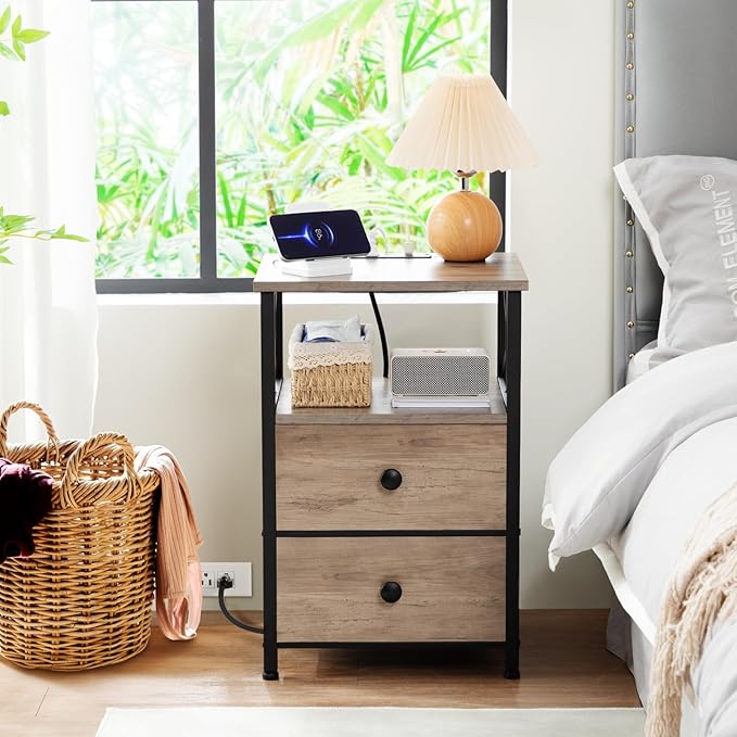 AMHANCIBLE Night Stand Set 2, Nightstand with Charging Station, End Tables Living Room with USB Ports and Outlets, Bedside Tables with Fabric Drawers for Bedroom, Greige HET05XGY